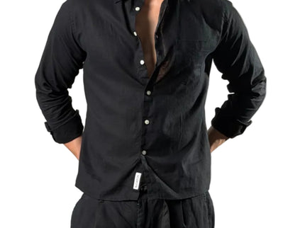 Textured Mandarin Collar Linen Blend Shirt - Black