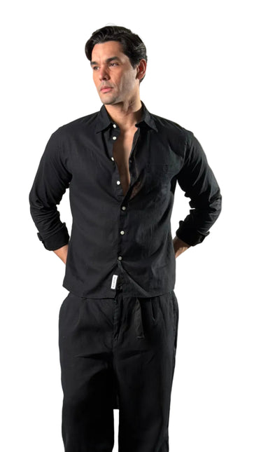 Textured Mandarin Collar Linen Blend Shirt - Black