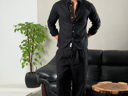 Textured Mandarin Collar Linen Blend Shirt - Black