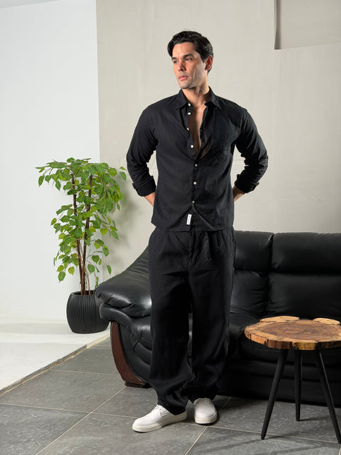 Textured Mandarin Collar Linen Blend Shirt - Black