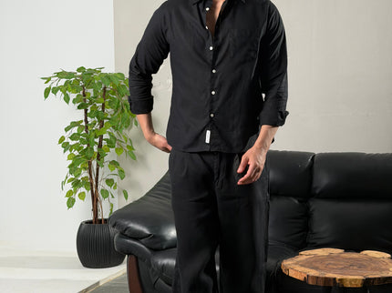 Textured Mandarin Collar Linen Blend Shirt - Black