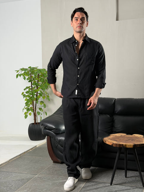 Textured Mandarin Collar Linen Blend Shirt - Black