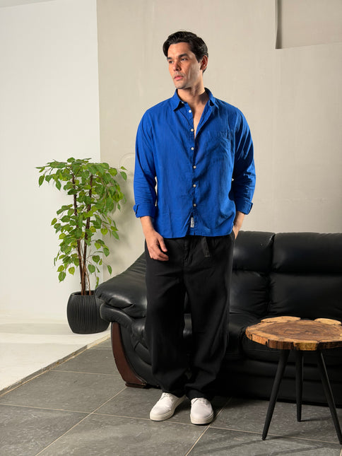 Premium Linen Long Sleeve Shirt - Blue