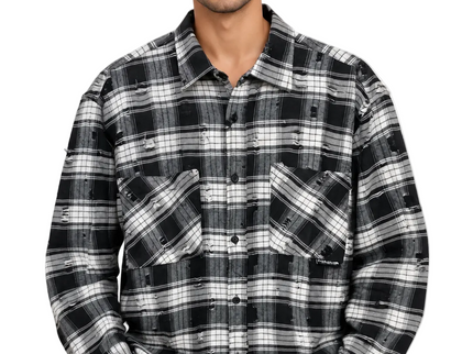 Distressed Plaid Utility Overshirt – Black & White