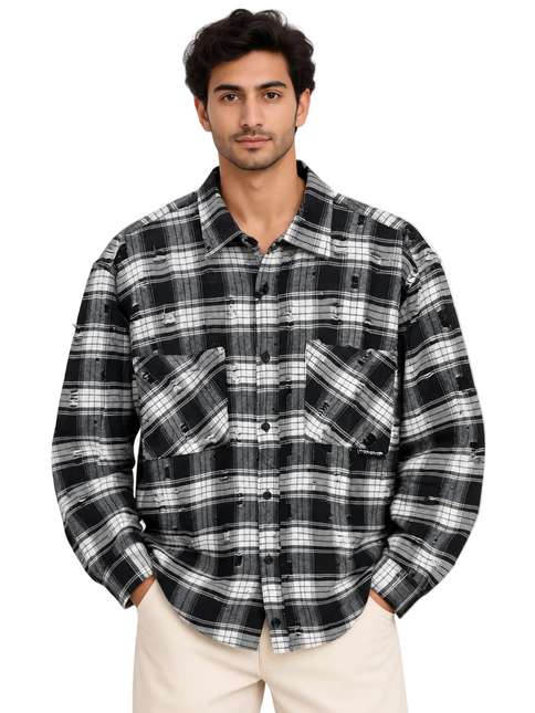Distressed Plaid Utility Overshirt – Black & White