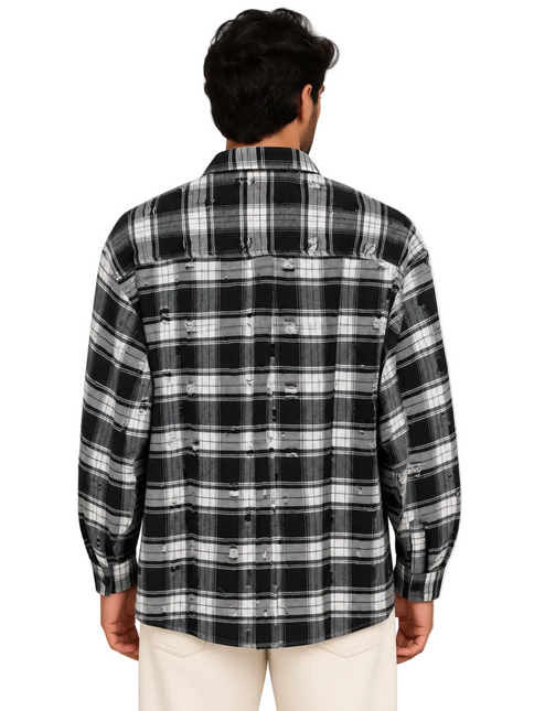 Distressed Plaid Utility Overshirt – Black & White