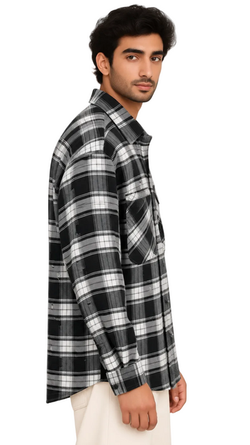 Distressed Plaid Utility Overshirt – Black & White