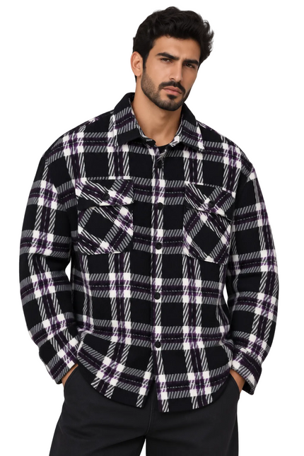 Wool Plaid Utility Overshirt – Black & Purple