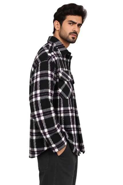 Wool Plaid Utility Overshirt – Black & Purple