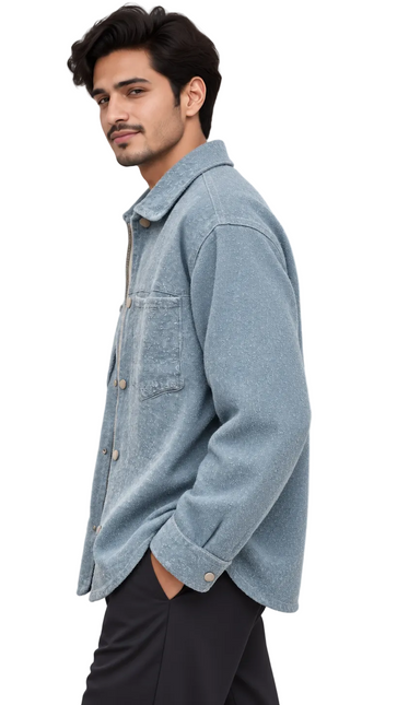 Frost Blue Textured Zip-Up Shacket