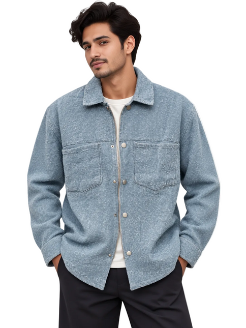 Frost Blue Textured Zip-Up Shacket