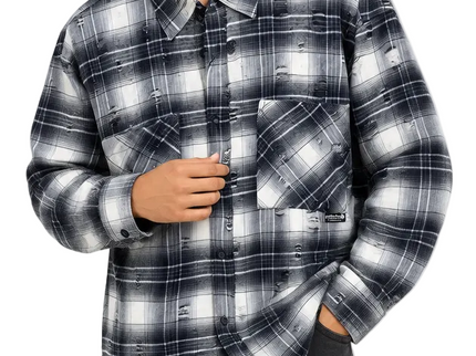 Distressed Plaid Utility Overshirt – Black & White