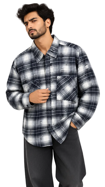 Distressed Plaid Utility Overshirt – Black & White