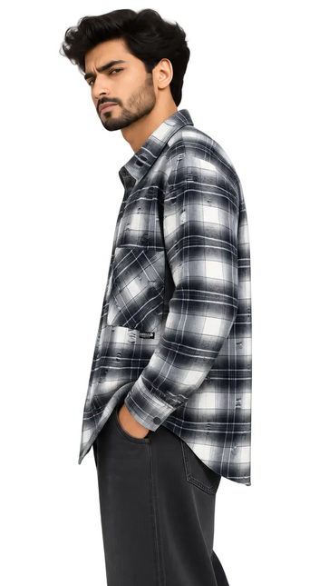 Distressed Plaid Utility Overshirt – Black & White
