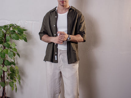Premium Linen Long Sleeve Shirt - Dark Olive