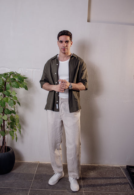 Premium Linen Long Sleeve Shirt - Dark Olive