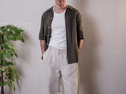 Premium Linen Long Sleeve Shirt - Dark Olive