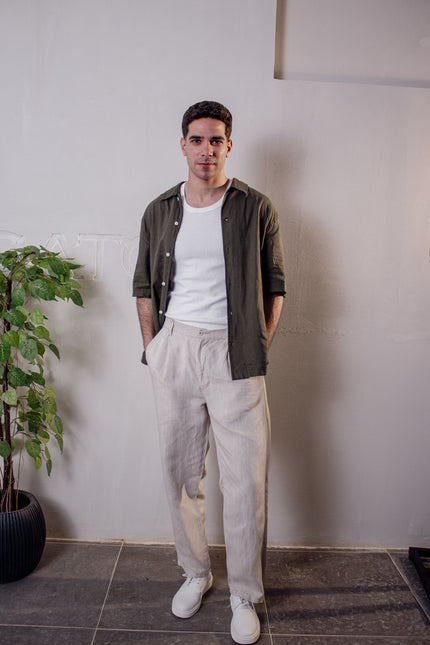 Premium Linen Long Sleeve Shirt - Dark Olive