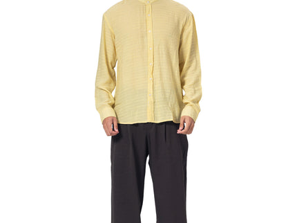 Textured Mandarin Collar Linen Blend Shirt - Yellow