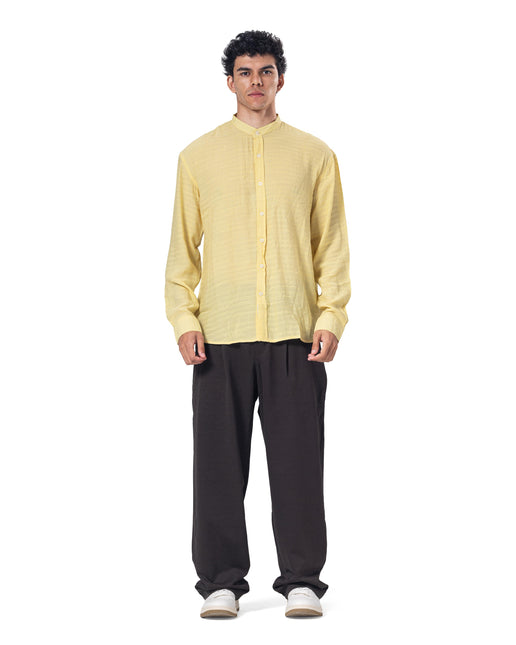 Textured Mandarin Collar Linen Blend Shirt - Yellow