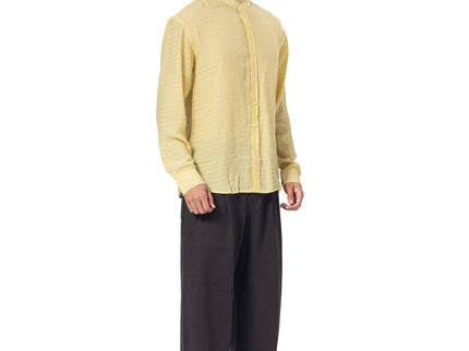 Textured Mandarin Collar Linen Blend Shirt - Yellow