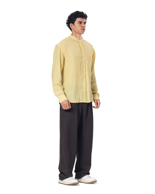Textured Mandarin Collar Linen Blend Shirt - Yellow