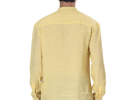Textured Mandarin Collar Linen Blend Shirt - Yellow