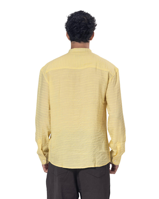 Textured Mandarin Collar Linen Blend Shirt - Yellow