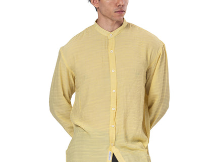 Textured Mandarin Collar Linen Blend Shirt - Yellow