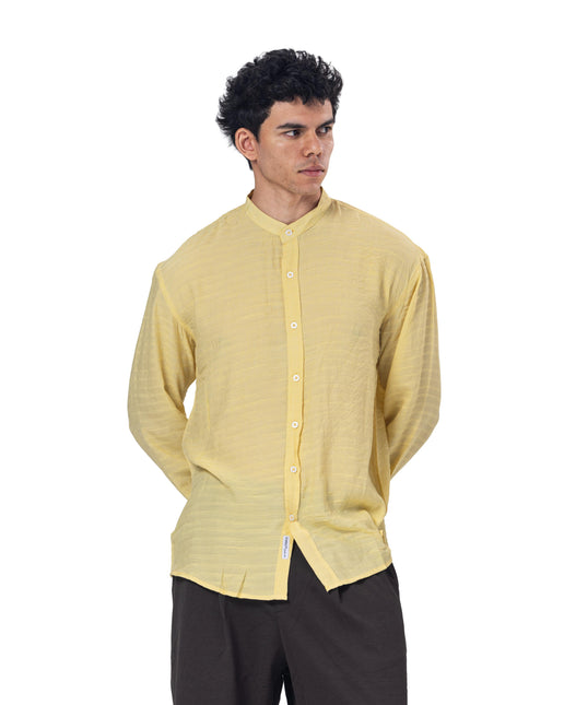Textured Mandarin Collar Linen Blend Shirt - Yellow
