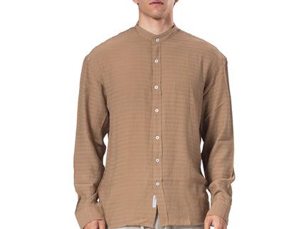 Textured Mandarin Collar Linen Blend Shirt - Brown
