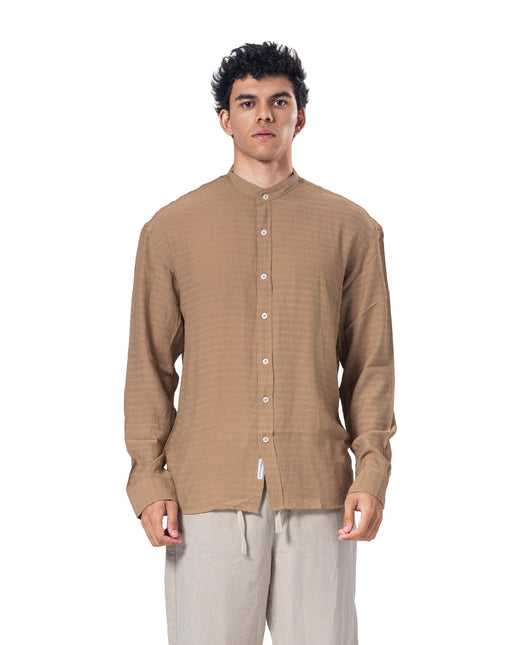 Textured Mandarin Collar Linen Blend Shirt - Brown