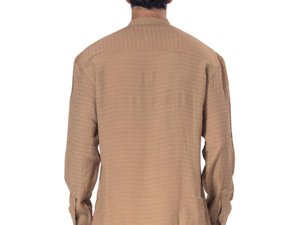 Textured Mandarin Collar Linen Blend Shirt - Brown