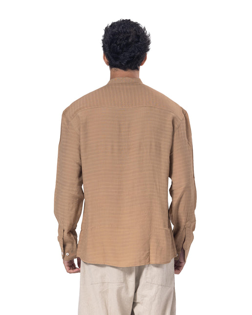 Textured Mandarin Collar Linen Blend Shirt - Brown