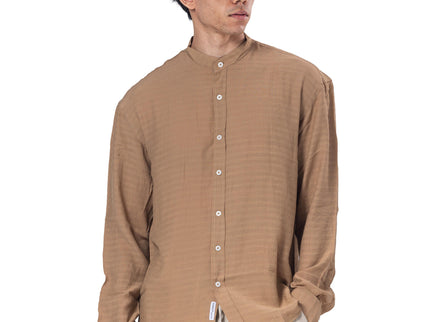 Textured Mandarin Collar Linen Blend Shirt - Brown