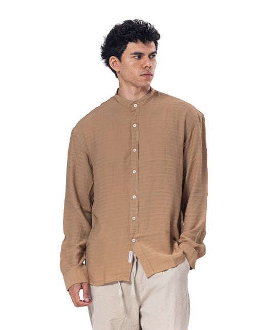 Textured Mandarin Collar Linen Blend Shirt - Brown