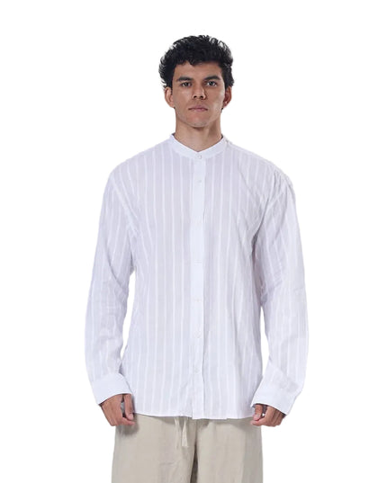 Striped Mandarin Collar Linen Blend Shirt