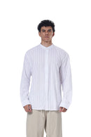 Striped Mandarin Collar Linen Blend Shirt