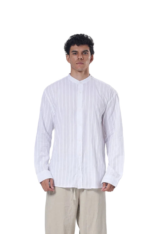 Striped Mandarin Collar Linen Blend Shirt