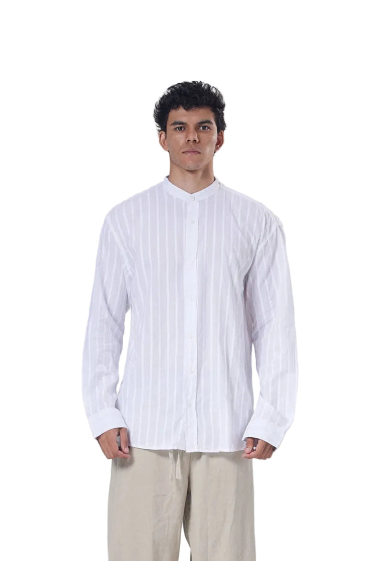 Striped Mandarin Collar Linen Blend Shirt