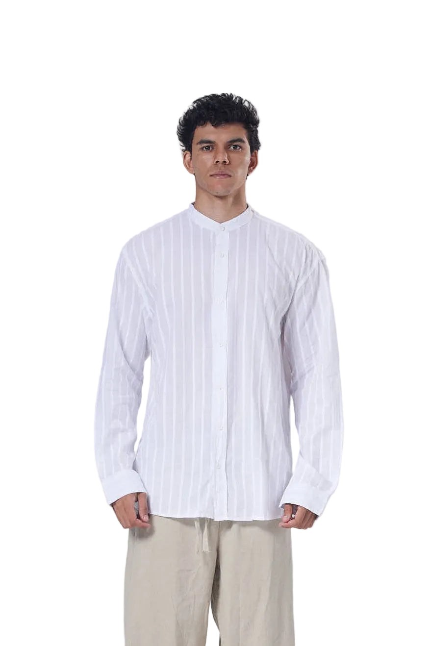 Striped Mandarin Collar Linen Blend Shirt
