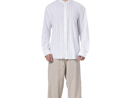 Striped Mandarin Collar Linen Blend Shirt - White