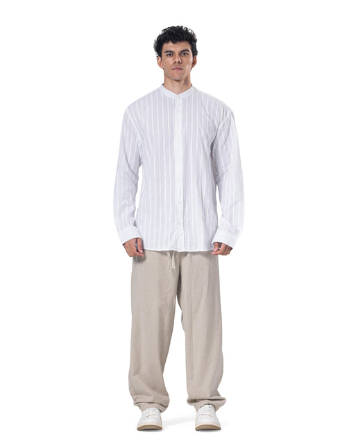 Striped Mandarin Collar Linen Blend Shirt - White
