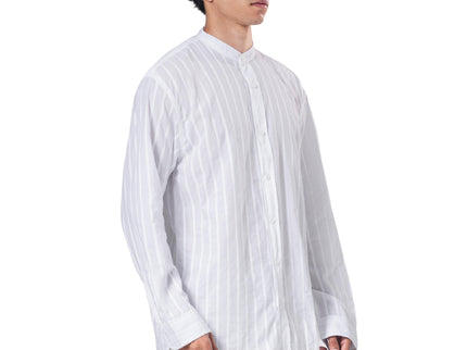 Striped Mandarin Collar Linen Blend Shirt - White