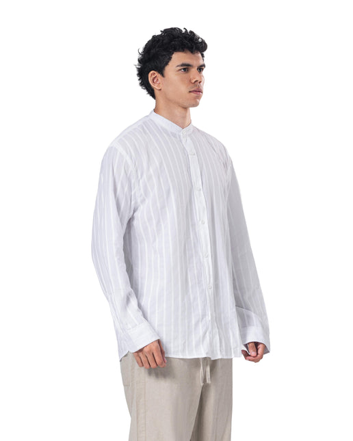 Striped Mandarin Collar Linen Blend Shirt - White