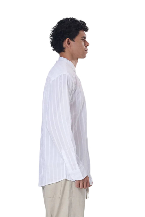 Striped Mandarin Collar Linen Blend Shirt