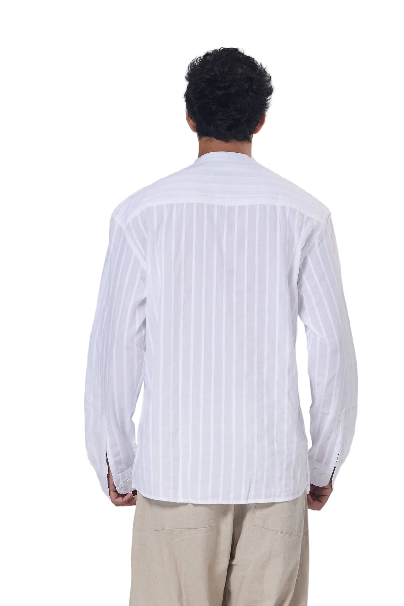 Striped Mandarin Collar Linen Blend Shirt