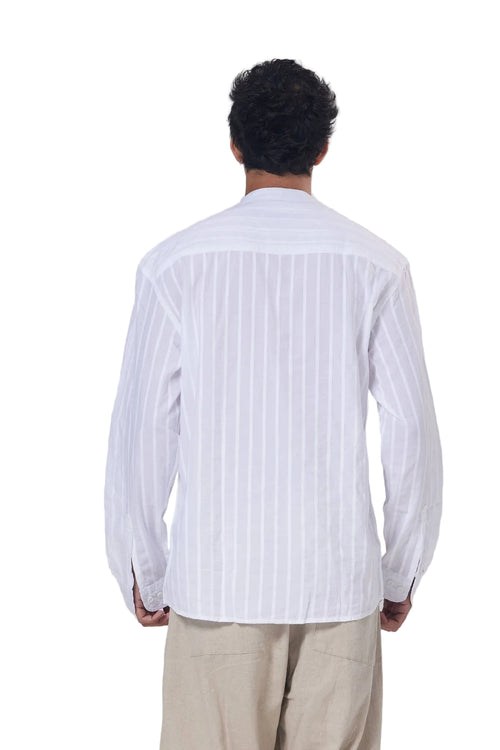 Striped Mandarin Collar Linen Blend Shirt