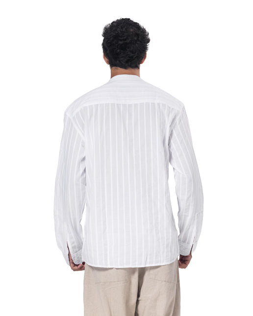 Striped Mandarin Collar Linen Blend Shirt - White