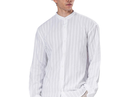 Striped Mandarin Collar Linen Blend Shirt - White